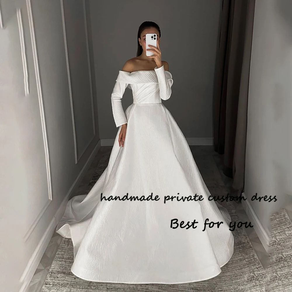 

White Satin A Line Wedding Dresses 3/4 Sleeve Simple Civil Bride Dress with Train Long Beach Bridal Gowns Lace Up Back