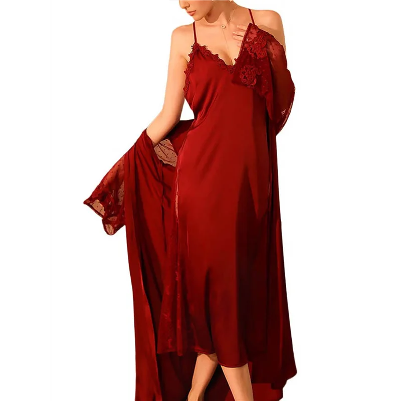

AAAF Women's Long-Sleeved V-Neck Satin Extra-Long Nightgown Spa Dressing Gown Bathrobe Nightgown