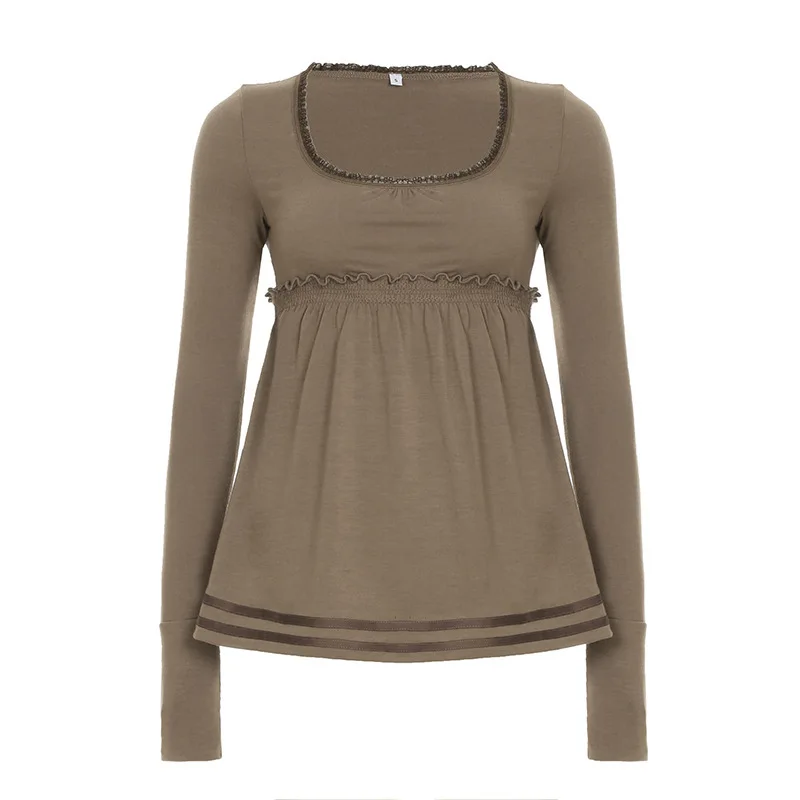 Solid Color Square Neck Doll Shirt With Lace Border Loose A-List Top For Girls' Casual And Versatile T-Shirt Design