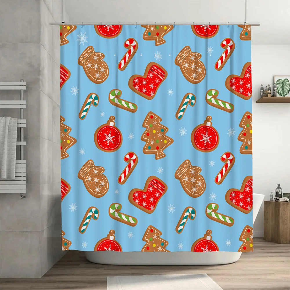 Christmas Shower Curtain Decorative Fabric Printing Waterproof Bathroom Shower Curtains with Gingerbread Man Cookie Candy