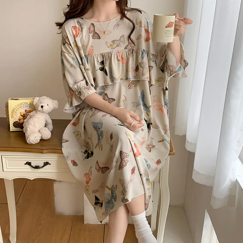 Womens Short Sleeve Sleepshirt Scoop Neck Cute Floral Nightgowns Soft Comfy Lightweight Thin Cotton Sleepdress Ladies Nightdress
