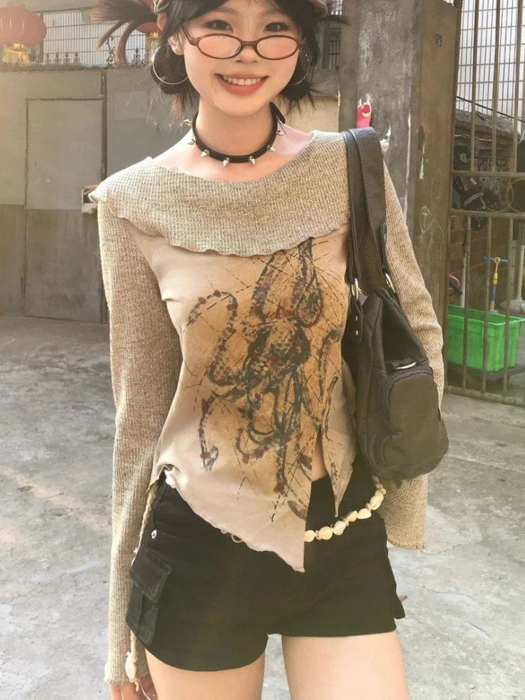 Y2K irrégulière fendu femmes t-shirts esthétique Vintage Grunge Harajuku impression t-shirts mince à manches longues haut femme nouveau