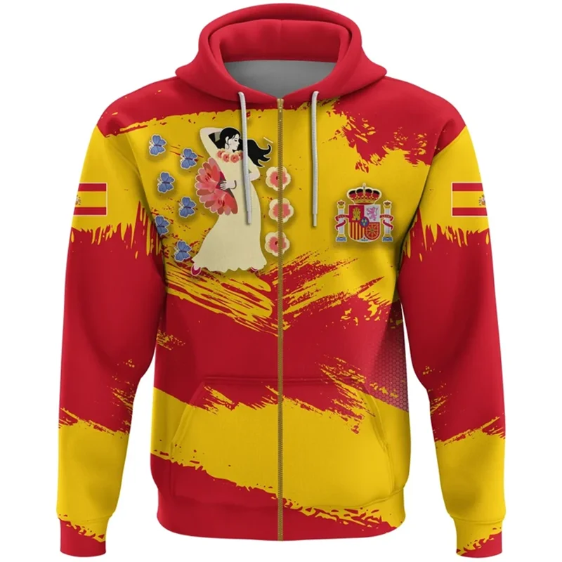 Spain Map Flag 3D Printed Zip Up Hoodies For Men Clothes National Emblem Sports Boy Tracksuit Casual y2k Zipper Hoody Pullovers