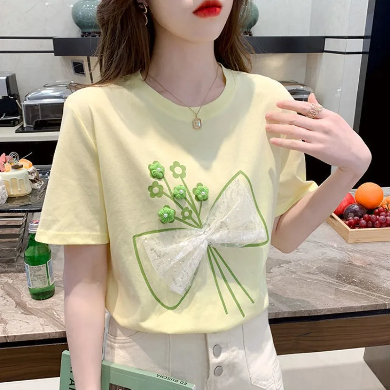 

Summer Round Neck Short Sleeve Women's Clothing Solid Color Crochet Bow Sequined Gauze Tie Flowers Sweet T-shirt Casual Tops