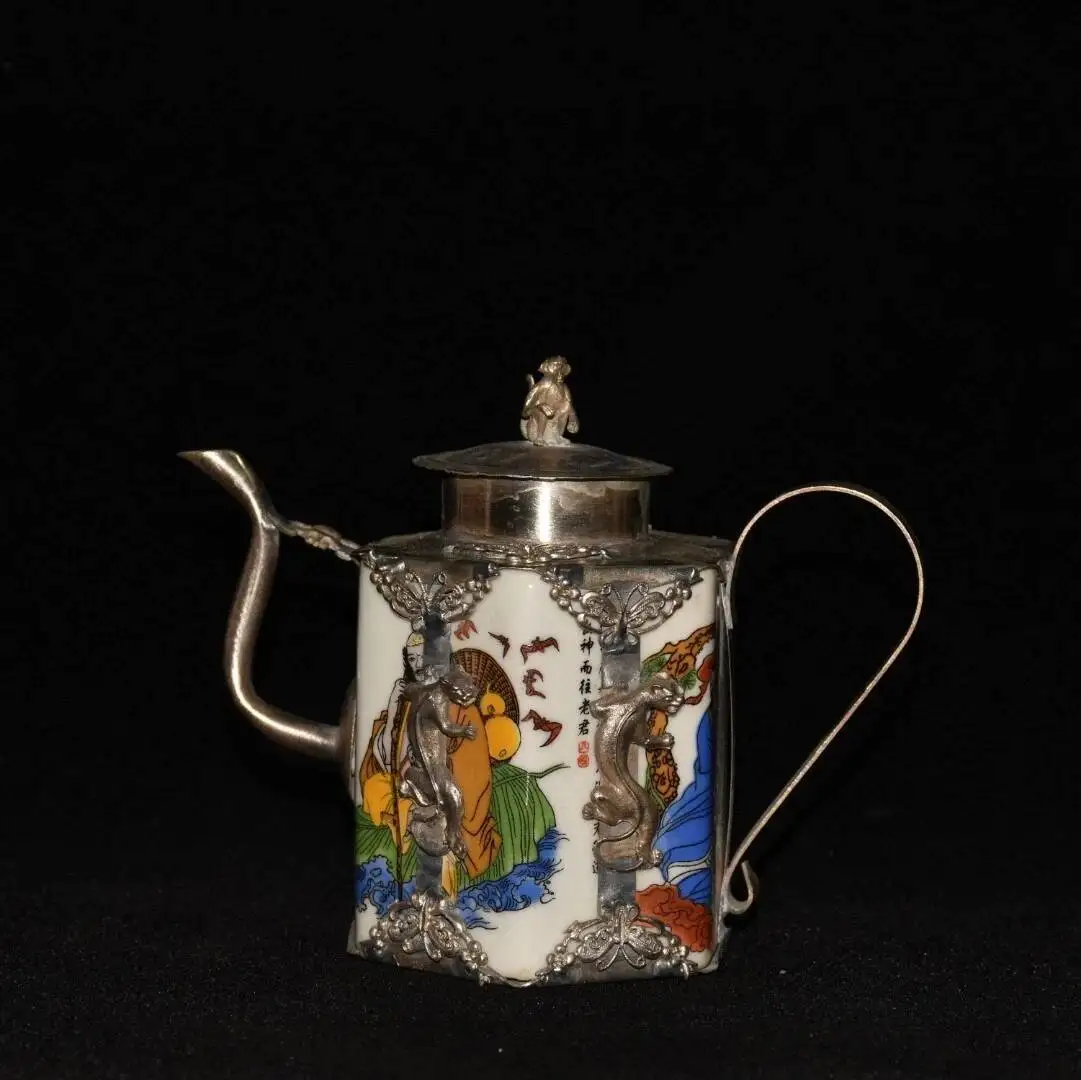 

Old Chinese Porcelain Inlay Tibet Silver Hexagonal Eight Immortals Teapot