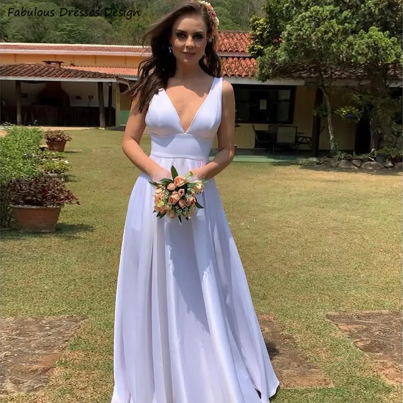 

Simple White Satin A-line Wedding Dresses Long Backless V-neck Elegant Bridal Dresses Sleeveless Prom Party Gown