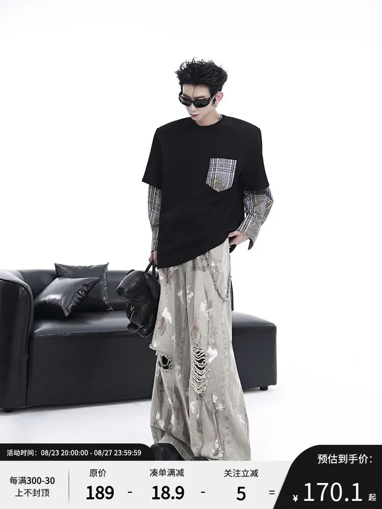 Wasteland wind tie-dye ripped jeans men's summer American high street niche design ink-splashing premium bell pants