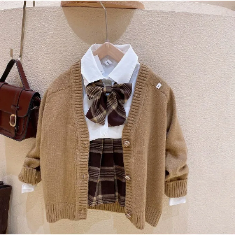 Girls' Spring Autumn Sweet and Spicy Style College Style Shirt Knitted Coat Plaid Pleated Skirt Half Skirt Three Piece Set