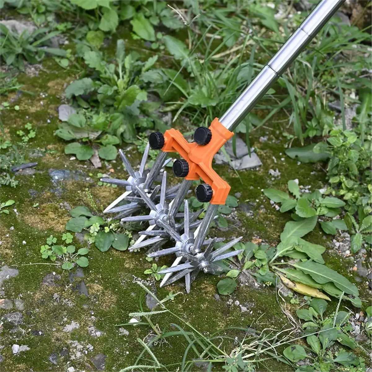 AA83 Rotary Cultivator Garden Rotary Tiller Adjustable Stainless Steel Poles Hand Tiller for Soil Mixing or Reseeding