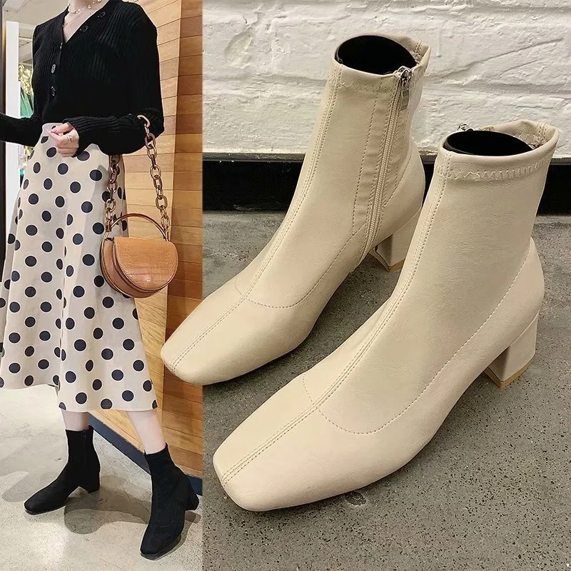 2022 New Autumn Winter Korean Women Boots Ankle Mid-tube Thick-heeled Boots Woman Fashion High-heeled Shoes Ladies Modern Boots