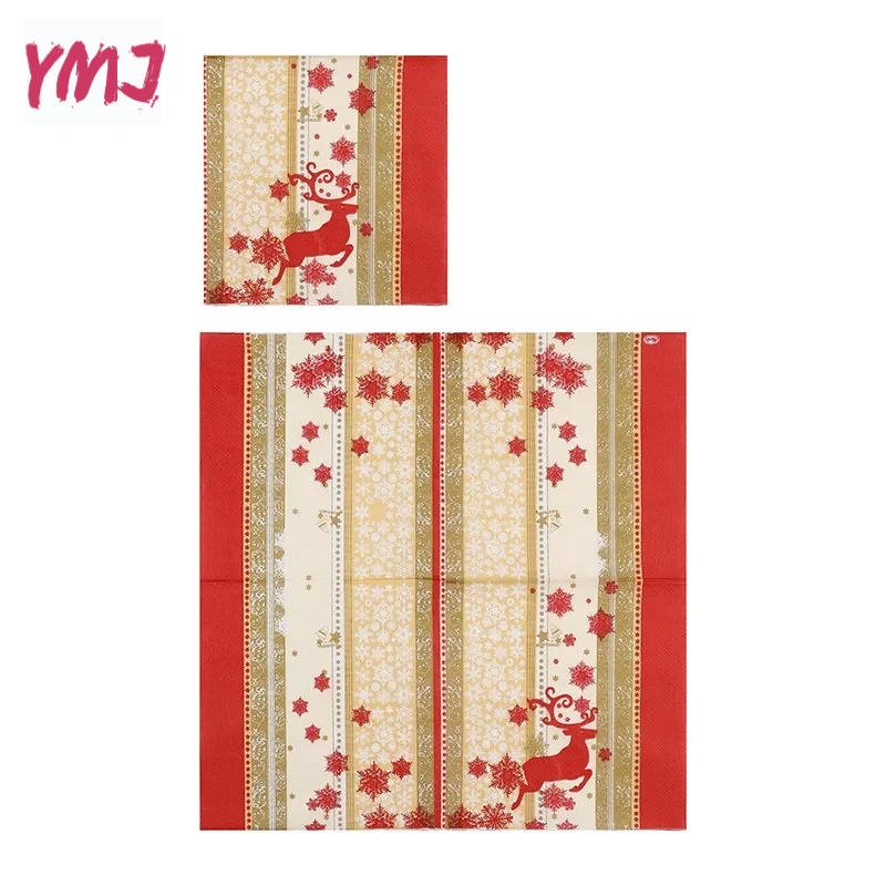 Christmas Theme Party Elk Print Red Gold Napkins Colourful Christmas Series Square Napkins Paper Placemats 2-Ply 10/20pcs 33cm