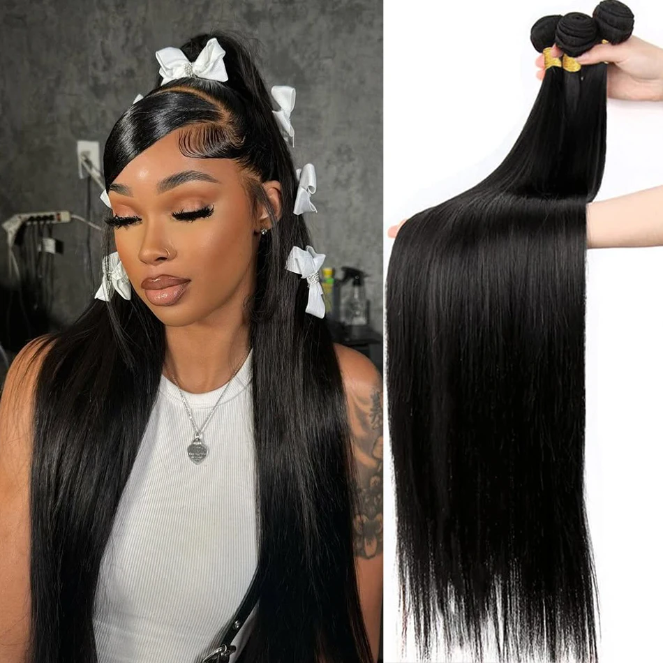 

30, 40 дюймов, прямые пучки человеческих волос, наращивание человеческих волос, натуральные черные бразильские пучки волос, 1/3/4 шт., толщина