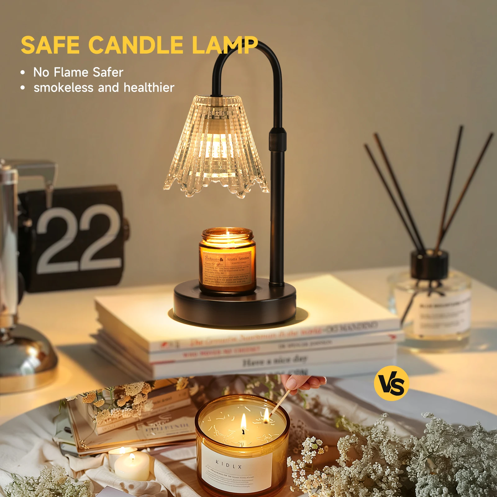 Adjustable Candle Warmer Lamp with Clear Glass Shade, Dimmable Electric Wax Melter Lamp, Curved Metal Frame Scented Candle Melting Lamp for Home Bedroom Decor Gift for Candle Lovers