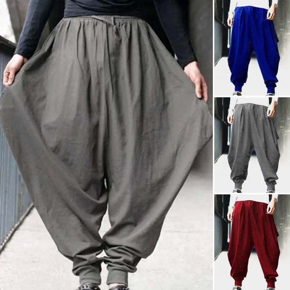 

Men Harem Pants Elastic Waist Solid Color Loose-fit Casual Retro Style Drawstring Long Trousers Streetwear Chinese Linen Brand