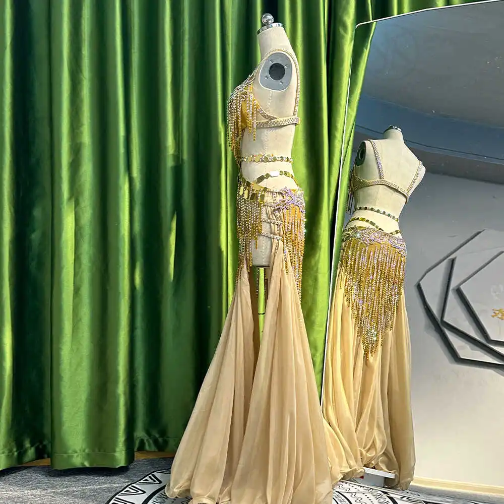 BellyDance Suit Embroidery Diamond Bra Split Fishtail Skirt Performance Set Custom Adult Child Competition Clothing Accessories