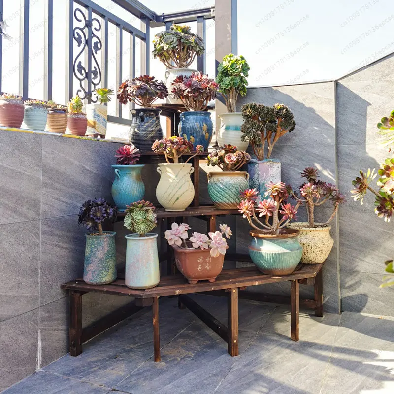 Corner, solid wood, succulent flower pot rack, anti-corrosion wood triangular flower rack, wall corner