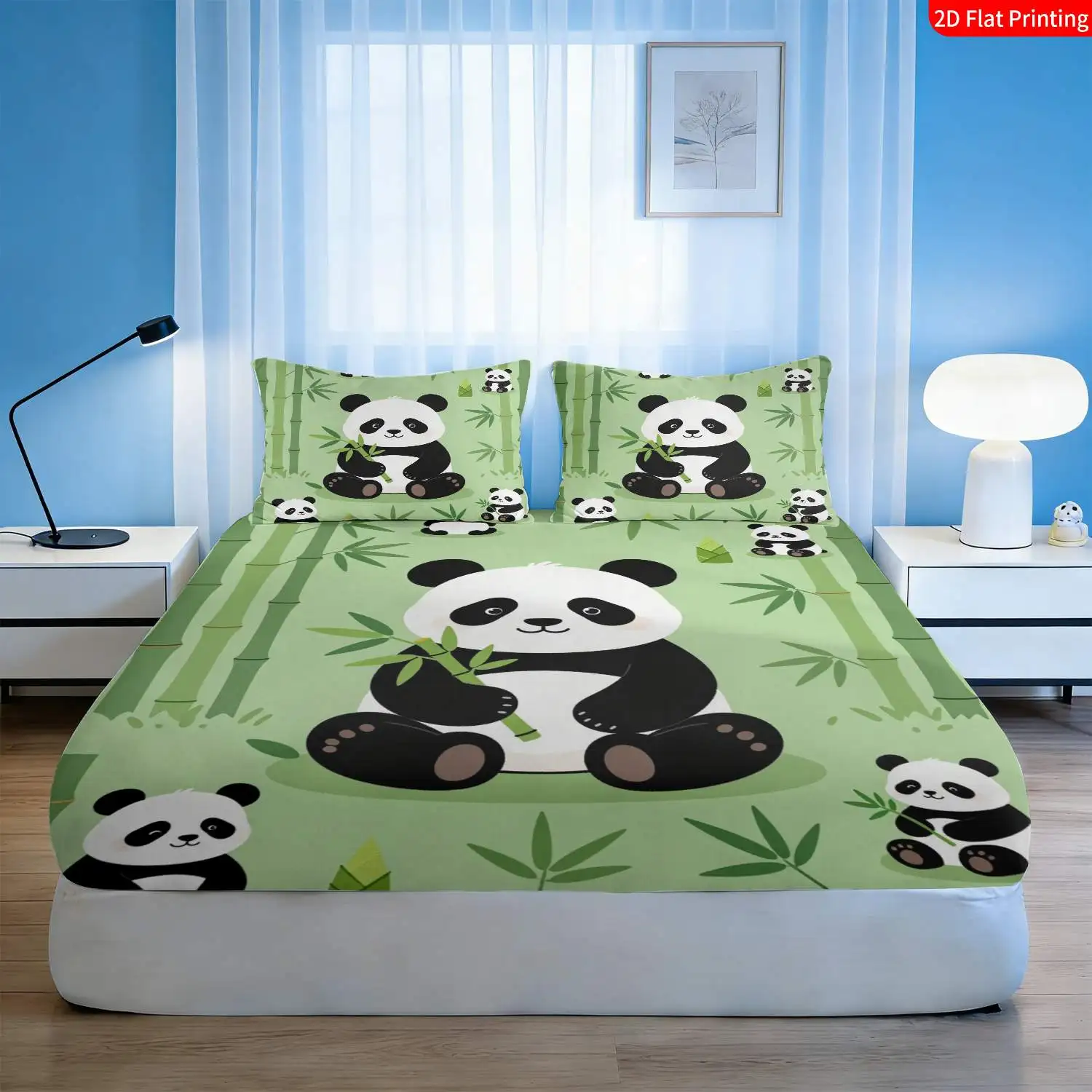 3-Piece Mattress Protector Set, 2D Flat Printed Fitted Sheet with Panda and Bamboo Theme, Home Bedroom Decoration, Holiday-Themed Fitted Sheet and Pillowcase, Mattress Protector, Stain-Resistant, Suitable for All Seasons, Machine Washable, Easy to Care For, Universal for Home Bedrooms, Essential for Dorms and Rentals, Master Bedroom and Guest Room Decoration, Dust-Proof and Stain-Resistant, High Elasticity, Fits Various Sizes