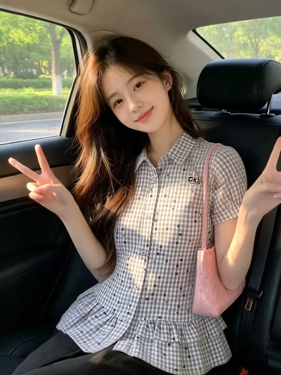 

Japanese Artistic Style Plaid Shirt Women's Summer Waist-Cinching Slimming Doll Shirt Beautiful Short Sleeve Top