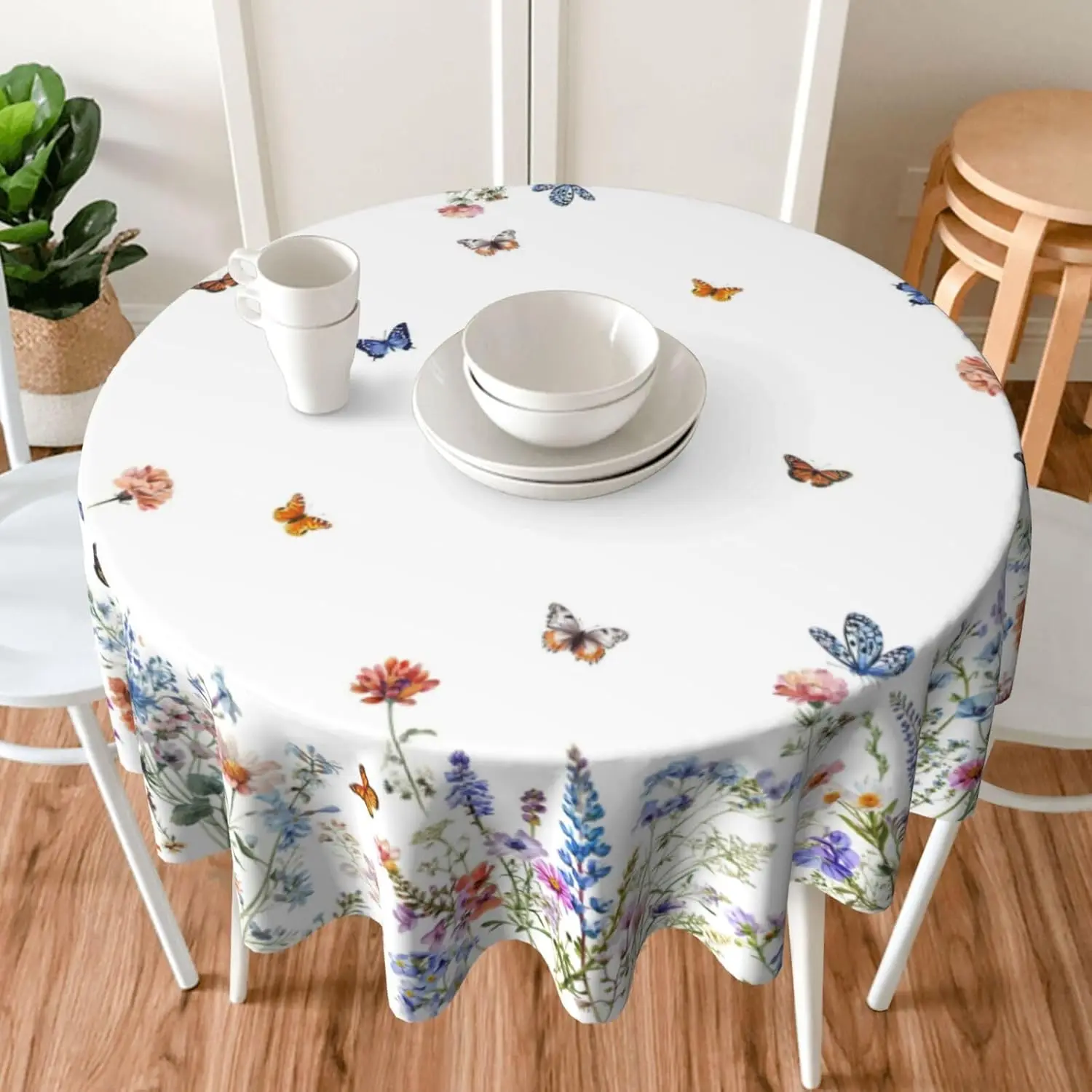 Frühlings- und Sommer-Tischdecke mit Blumenmuster, rund, rustikal, Ostern, Blau, Lila, Wildblumen-Schmetterlingsdruck, dekorative Tischdecke, Bauernhaus