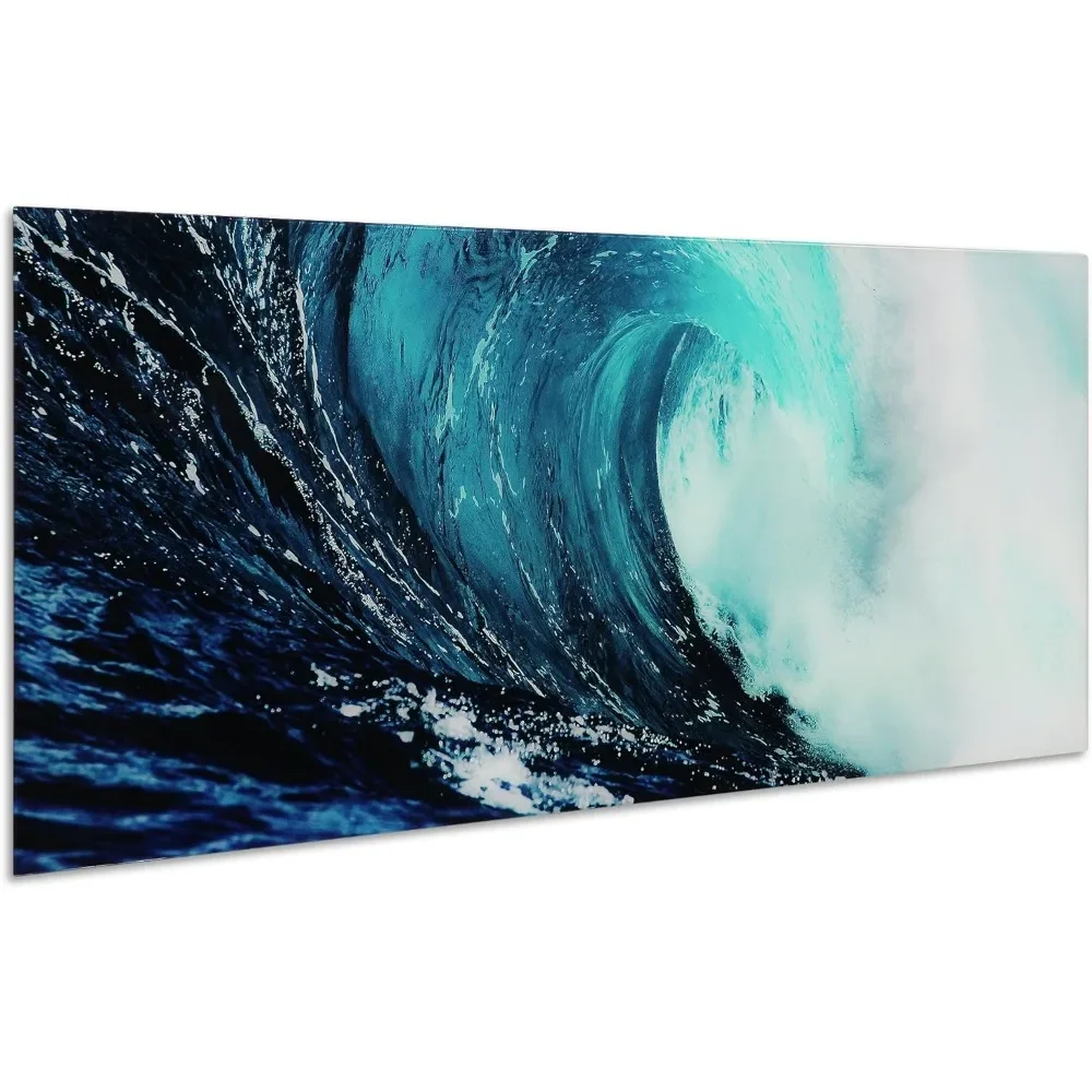 Home Decor Frameless Free Floating Tempered Glass Panel Graphic Wall Art, Ready to Hang Blue Wave 2 Decorative Paintings