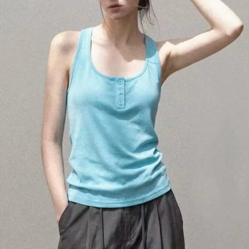 Women U Neck Button Front Braided Back Sleeveless Cami Slim Fit Summer Layering  Top