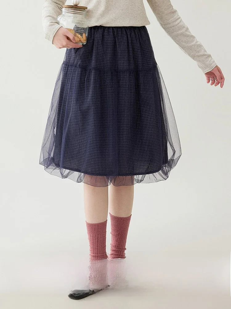 Original AMUU Small Audience Elegance Mesh Bloom Half Skirt Women's Spring New Plaid Puffy Skirt High Waist Korean Style
