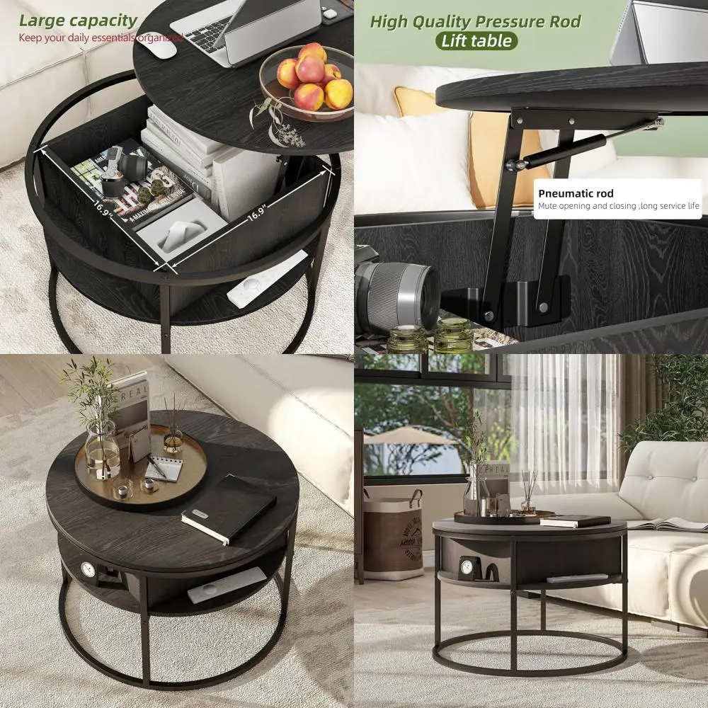 

Elegant Lift-Top Coffee Table, Living Room Storage, Black with Hidden Compartment, Rustic Wood Decor, Contemporary Centerpiece