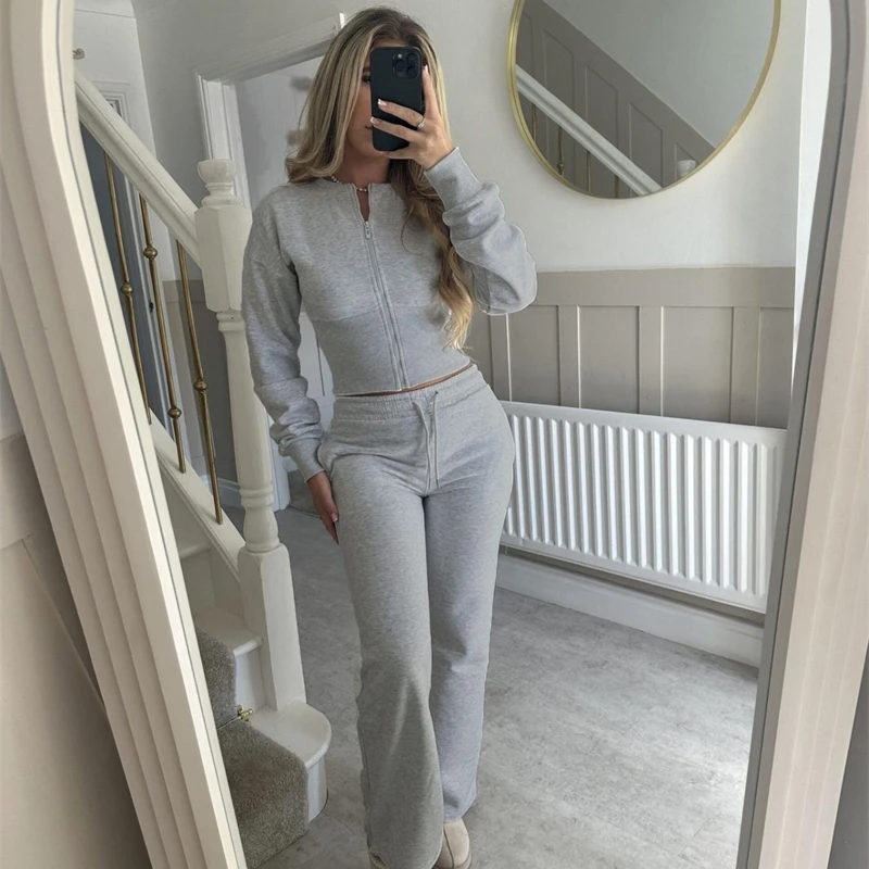 Set di moda per le donne Autunno 2025 Nuovo Slim O Collo Cappotto con cerniera Top Pantaloni a gamba larga Set da due pezzi Set di abbigliamento sportivo per il tempo libero Abiti