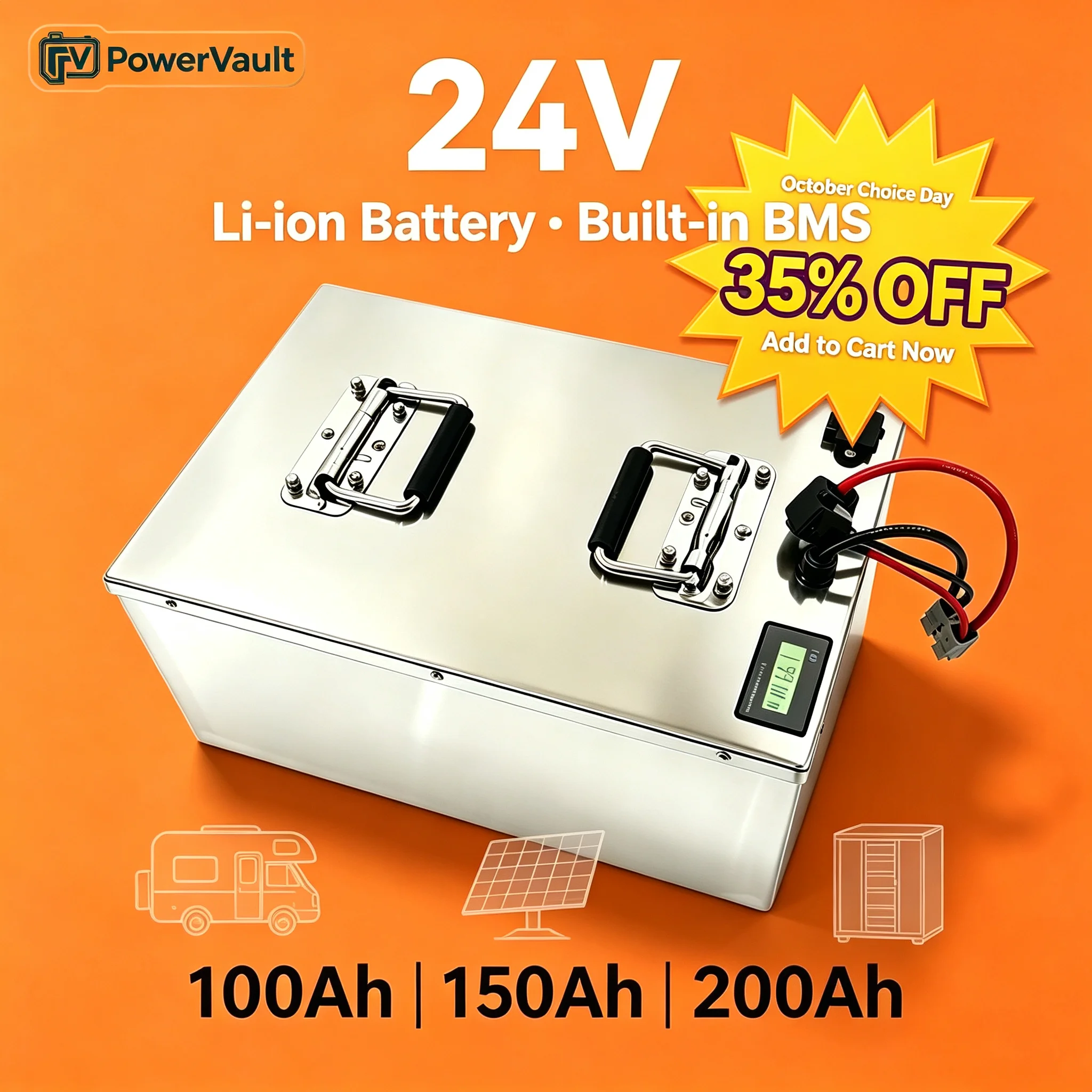 24V 100-400Ah Grade A Li Battery, Built-in BMS+Bluetooth, 4000 Deep Cycles, Smart Protect, for Solar/RV/Marine/Golf Cart & AGVs.