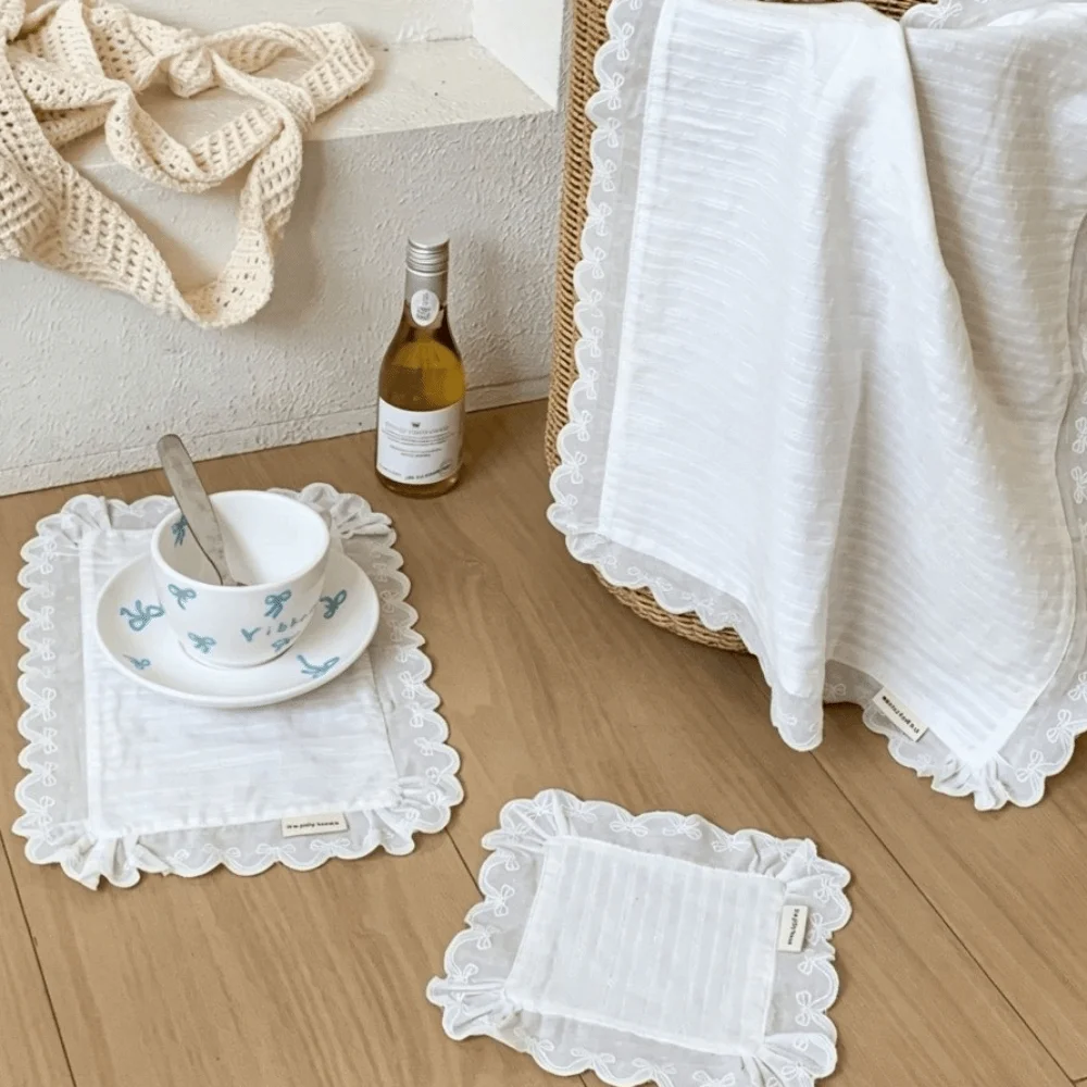 Korean Style Soft Flounced Lace Ruffle Placemats Dust-proof Multi-purpose Coasters Cotton Napkins Table Decor