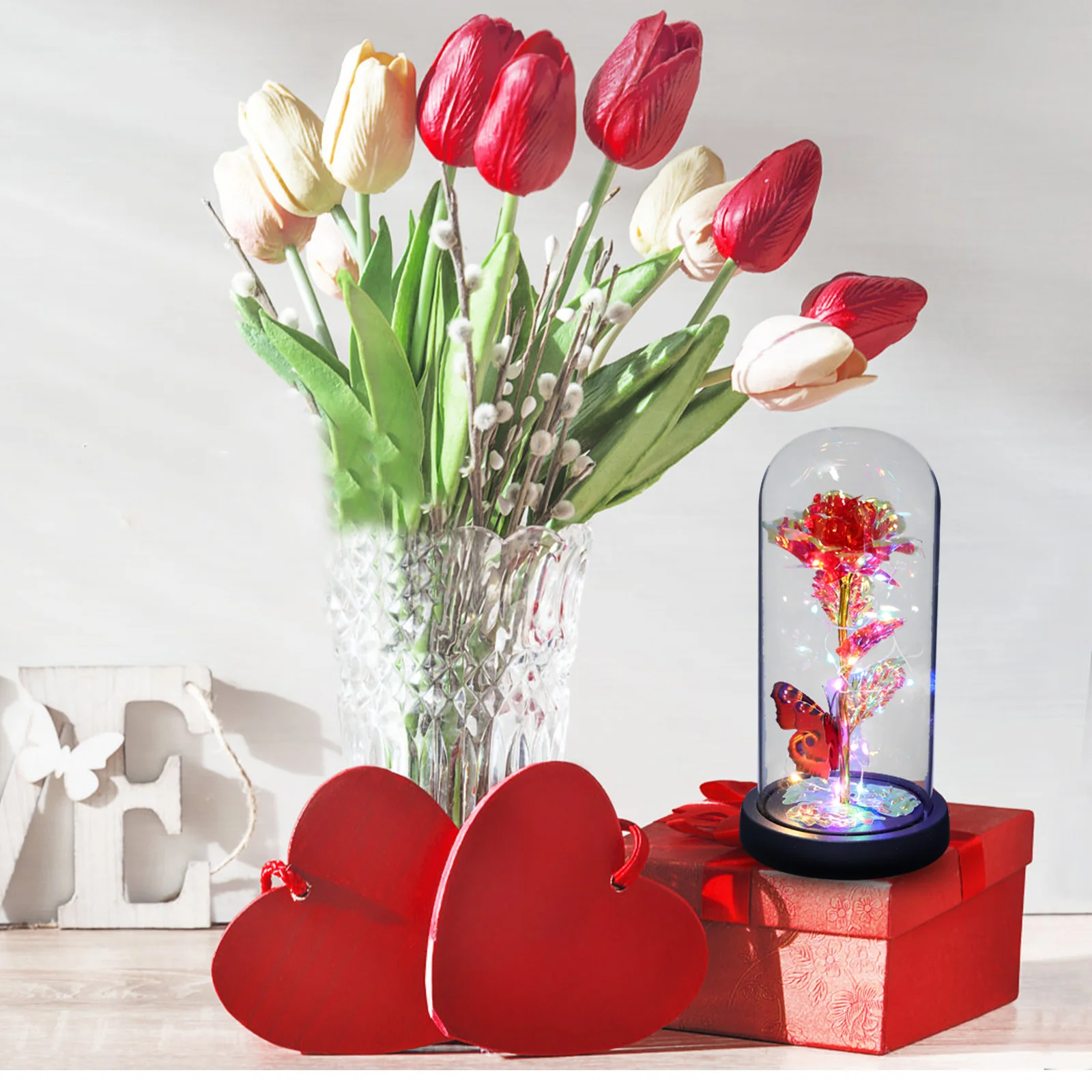 

Simulation Bright Color Glass Dome Preserved Flower Romantic Ornament Valentines Day Anniversary Wedding Gifts