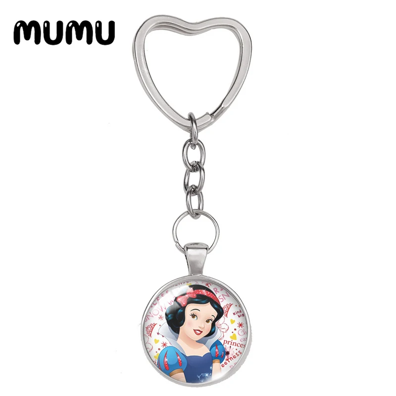 2024 New Snow White and The Seven Dwarfs Heart Keyring Princess Keychain Glass Dome Cabochon Jewelry Gifts Children