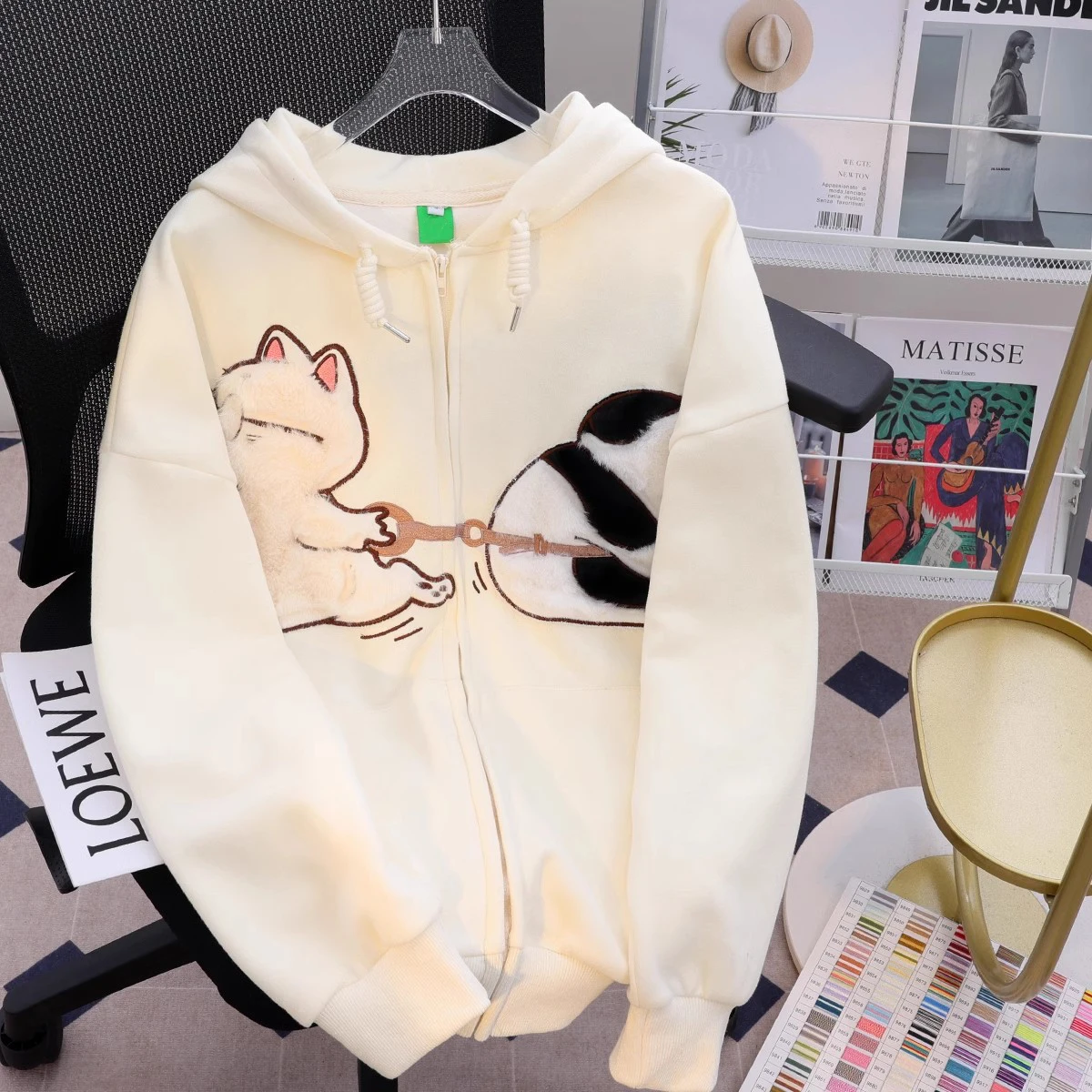 2024 Fashion Couples Clothes Hooded Coat Autumn Winter Cat Embroidery Cartoon Print Zip Up Hoodies Streetwear Women Man Tops