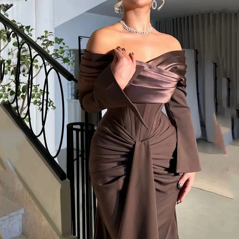 매력적인 브라운 오프숄더 롱 슬리브 머메이드 정장 이브닝 드레스, 우아한 브라운 오프숄더 롱 슬리브 머메이드 프롬 드레스