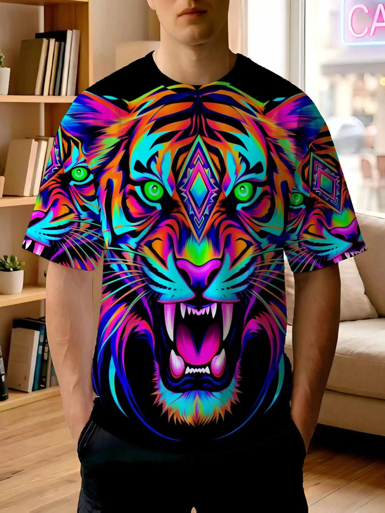 2026 new printed T-shirt Men's CoolColorful Roaring Tiger Head Print Short Sleeve T-Shirt Trendy Street Style Casual Crew Nec