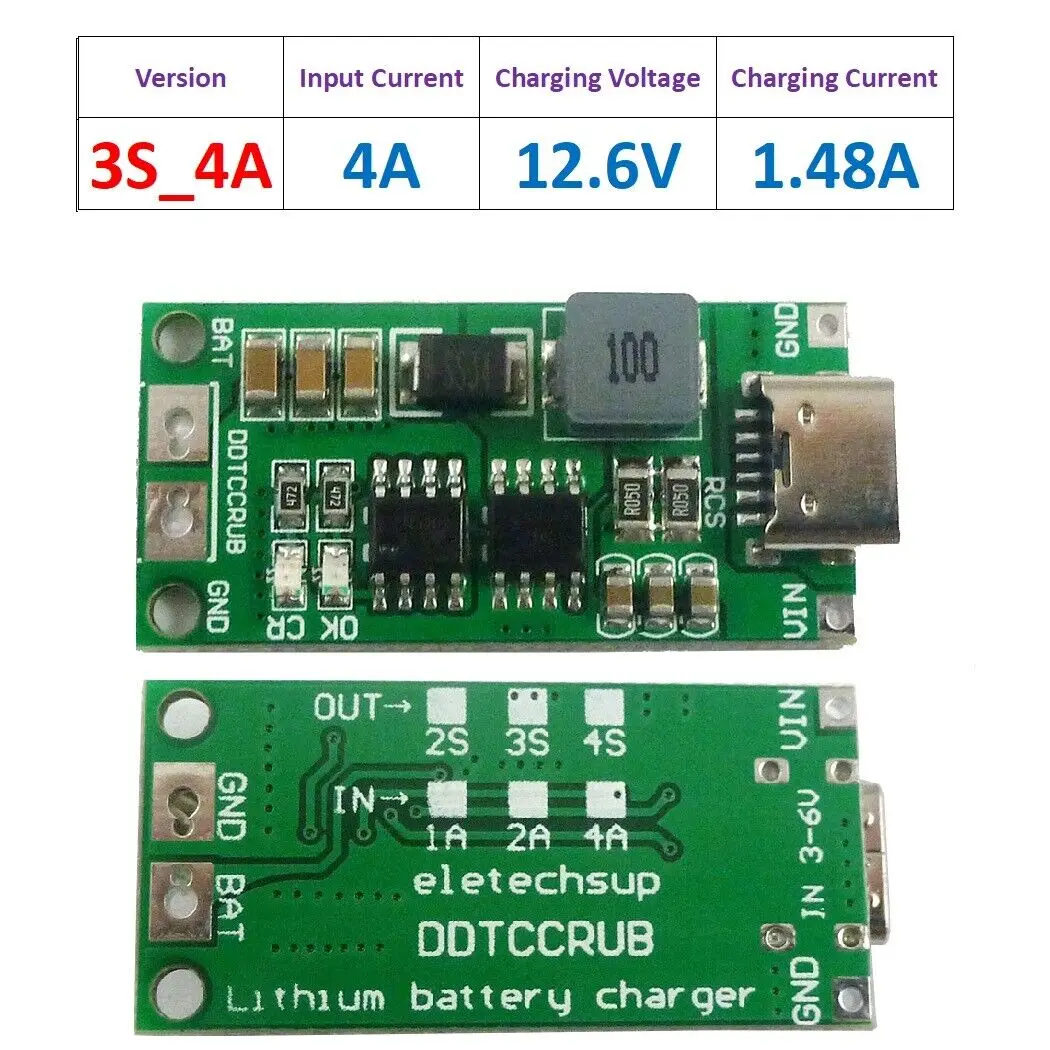 3S 4A DC 3-6V to 12.6V Voltage Booster Lipo Li-Ion Dc 5V Type-C 18650 Charger