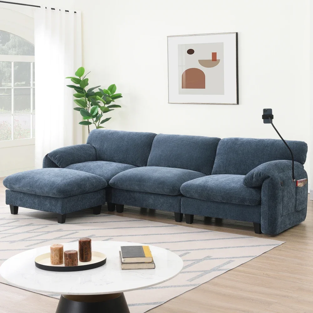 

108" L-Shape Modular Sectional Sofa, 31.5" Extra-Wide Seat Cushion, Phone Holder and 2 Side Storage Pockets, Striped Chenille