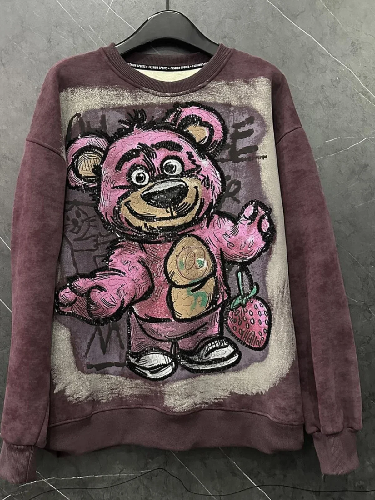 Cartoon Bear Heavy Industry Sequin Printing Fleece Crew Neck Pullover Sweatshirts Women 2024 Autumn and Winter New Loose Top