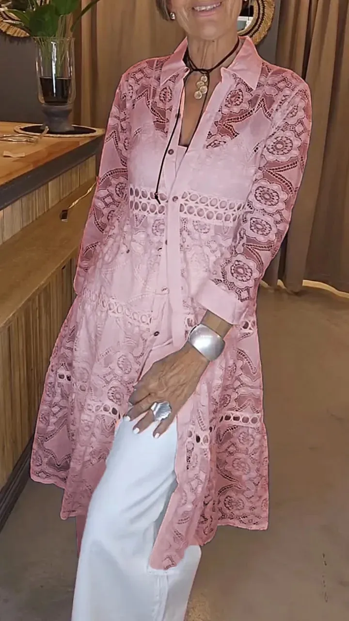 2025 Camicia elegante alla moda casual in pizzo al ginocchio a maniche lunghe con colletto rovesciato tinta unita americana europea di nuova moda da donna