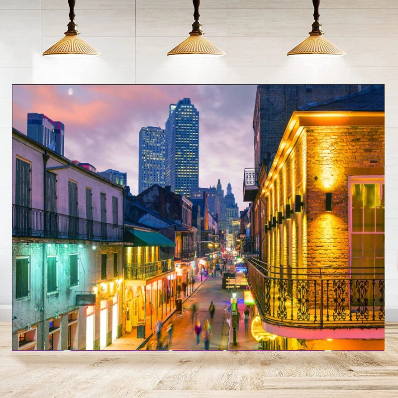 New Orleans Bourbon Street Photography Backdrop Mardi Gras Nightlife Street Pubs And Bars Banner Neon Lights Background Poster