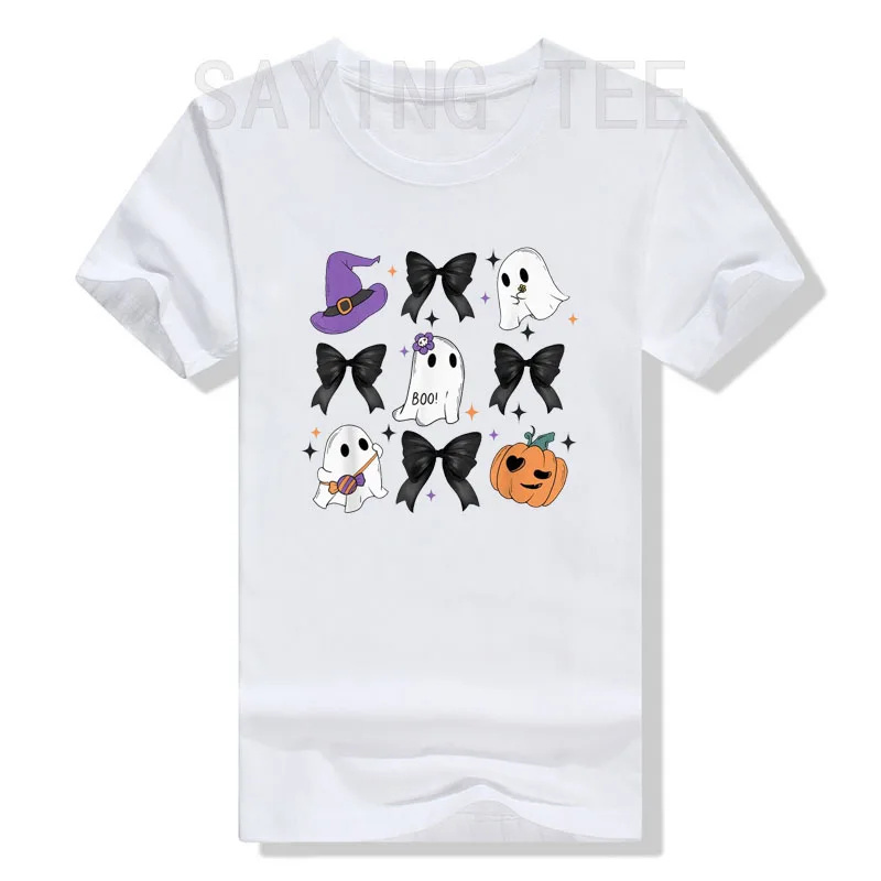 

Spooky Season Cute Boo Ghost Coquette Halloween Costume T-Shirt Women's Fashion Fall Graphic Outfit Halloween Party Saying Tee