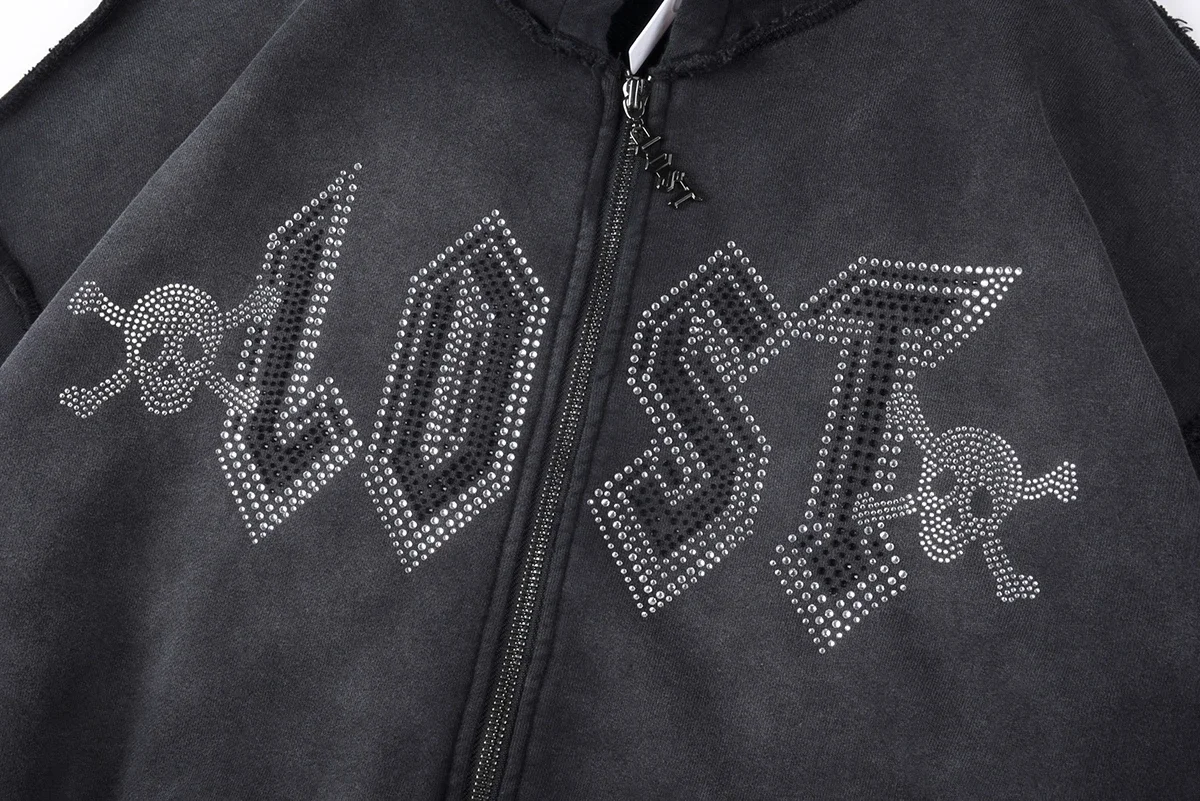 سترة بغطاء للرأس بسحاب من الصوف المفقود بحجر الراين من Streetwear للرجال والنساء بغطاء للرأس كاجوال فضفاض كبير الحجم من القطن #5