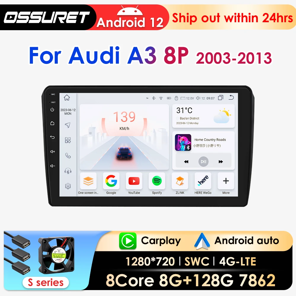 

OSSURET Carplay Android Auto Car Radio For Audi A3 2003-2013 Multimedia Car Intelligent Systems Audio Navi GPS Octa Core 7862