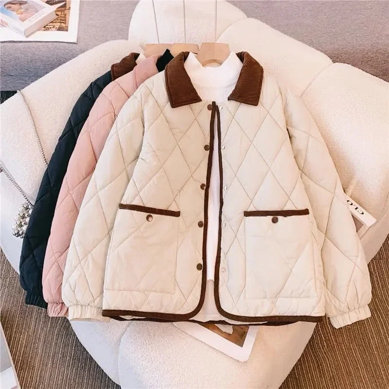 2026 New Cotton Jacket Small Fragrant Style Lightweight Cotton Coat Winter Corduroy Contrasting Color Diamond Grid Jacket