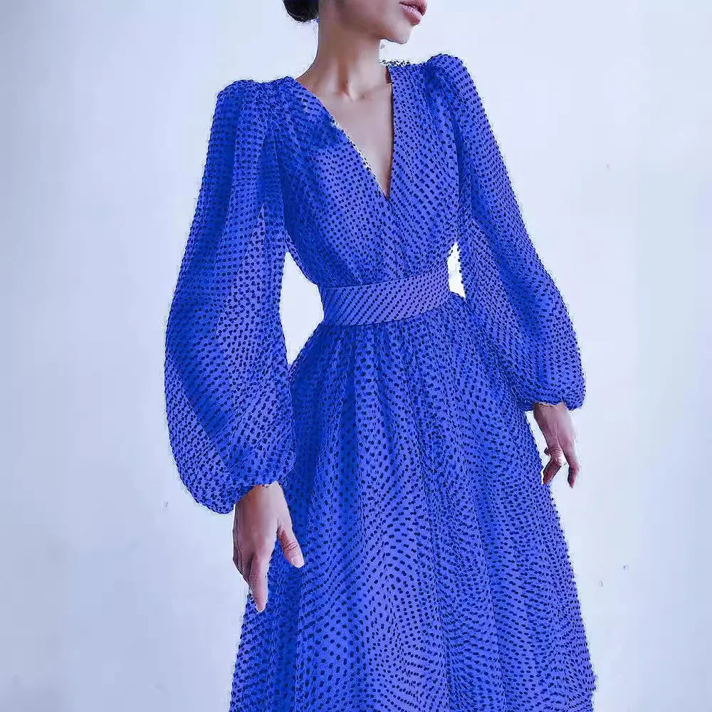 

2021 Spring/Summer New Style Ladies Bubble Sleeves Polka Dot Large Swing Dress