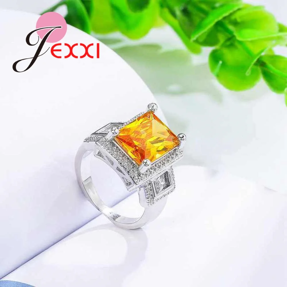 New Fashion Square Cut Yellow Stone Jewelry Ring Trendy Fine Casual Party Wear Anel AAA CZ Stone 925 Sterling Silver