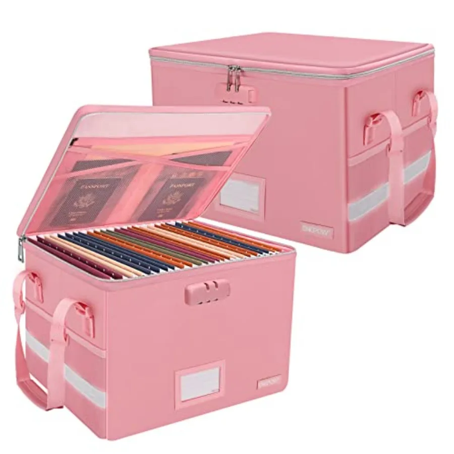 

File Box with Lock, Fireproof Document Box with Pockets, Collapsible File Organizer Filing Storage Cabinet with Handle, Portabl