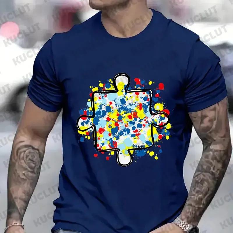 Men\'s T-Shirt Autism Awareness Puzzle Piece Print Male Tshirt Casual Fashion Soft Fashion Tees Clothing Harajuku Graphic Tops