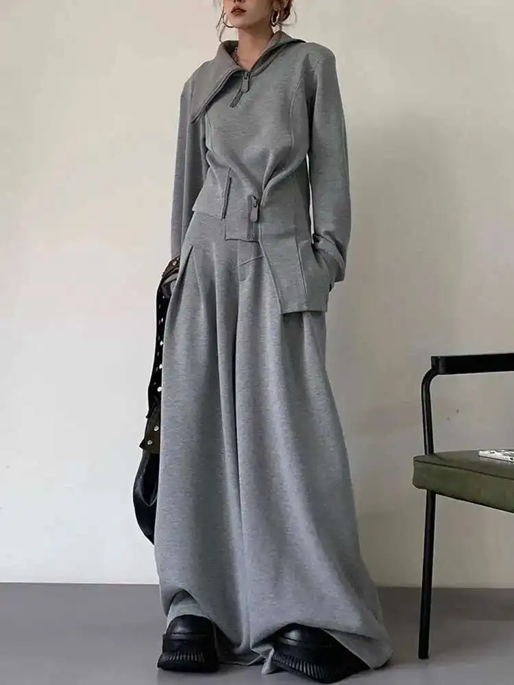 BJTZ عادية غير النظامية 2 قطعة مجموعة المرأة 2025 ربيع الخريف العصرية الوقوف طوق سستة تصميم مقنعين عالية الخصر بنطال ذو قصة أرجل واسعة