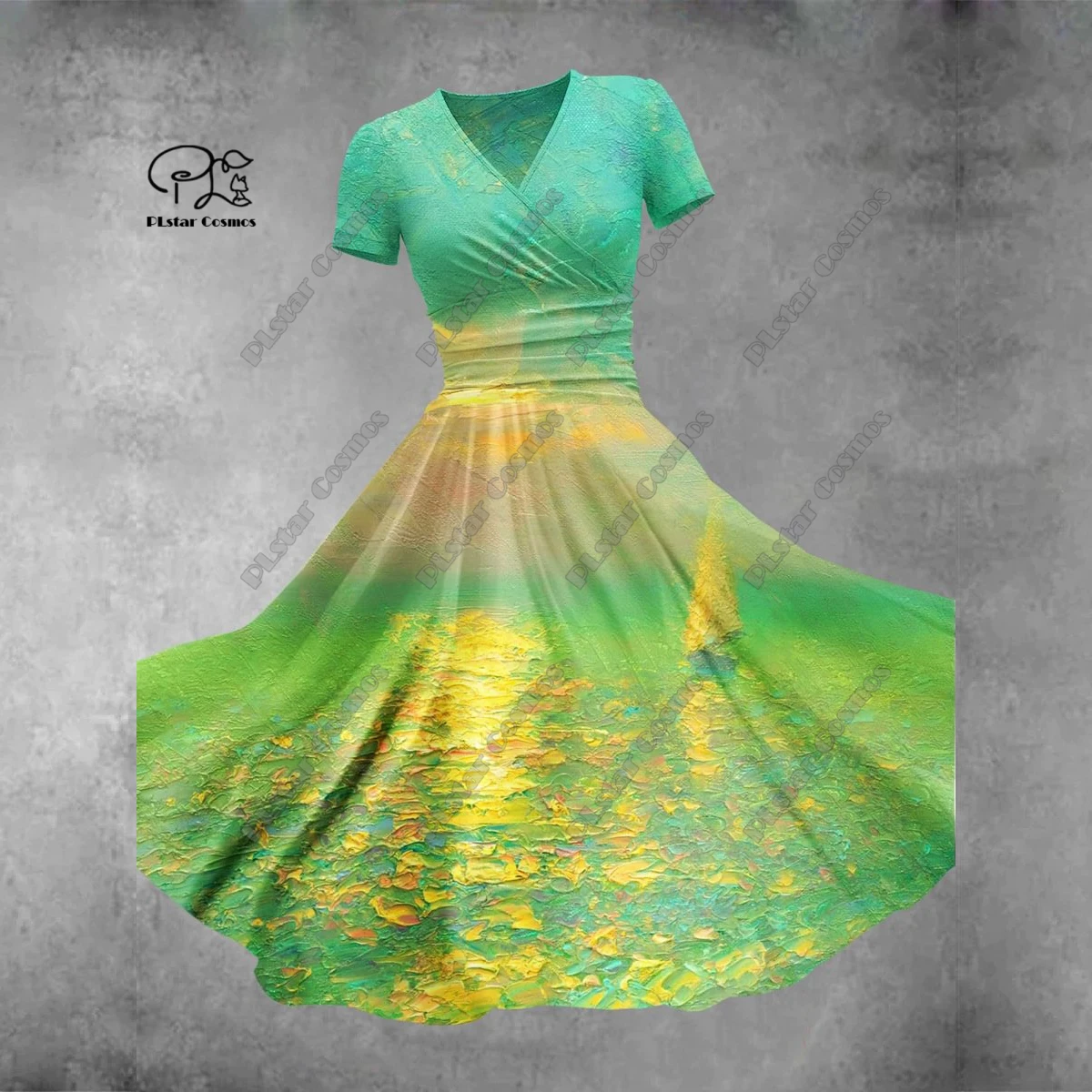 Saia floral impressa em 3D, série Ocean Dolphin, vestido com decote em v, manga curta, saia longa, casual e elegante